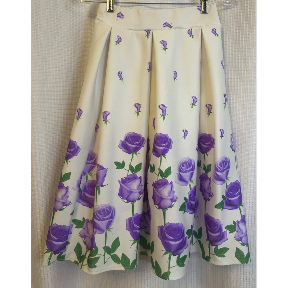 Pretty White with Purple Roses A-line Midi Skirt Handmade Size S/M